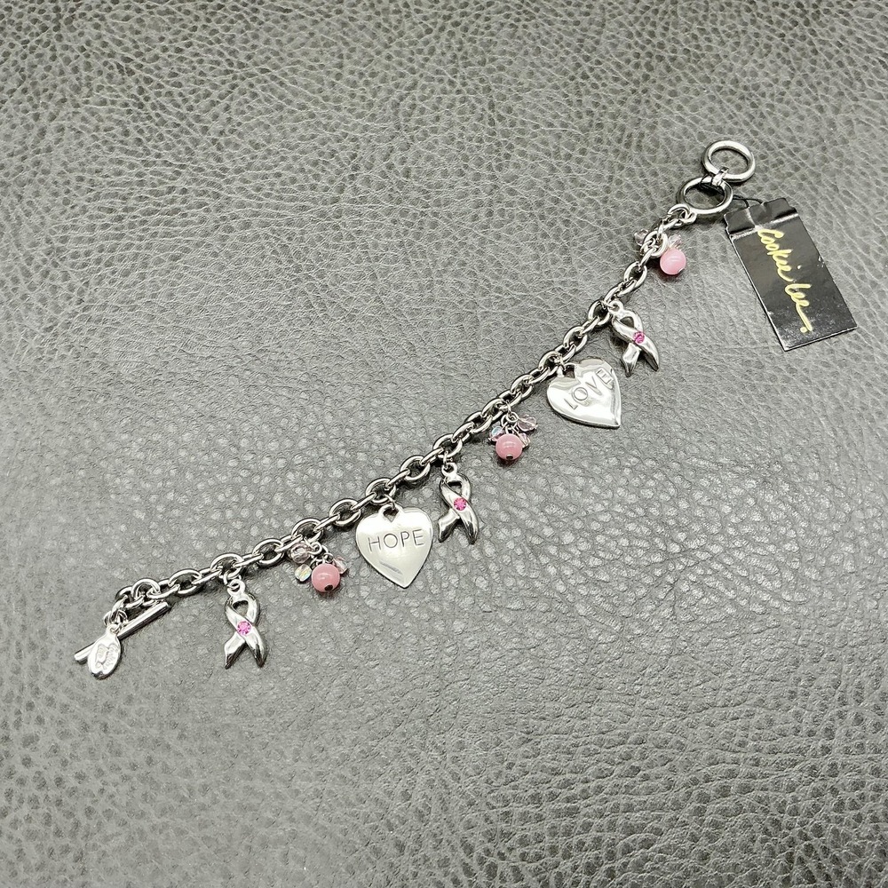 Cookie Lee Bracelet Silver Tone Pink Crystal Breast Cancer Charms Womens 8 In